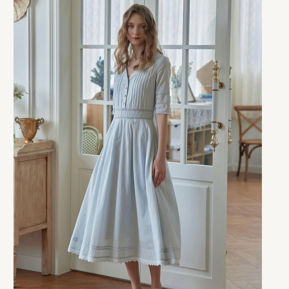 NWT Simple Retro Fiona 100% Cotton Farmhouse Pale Blue Midi Cottagecore Dress XS